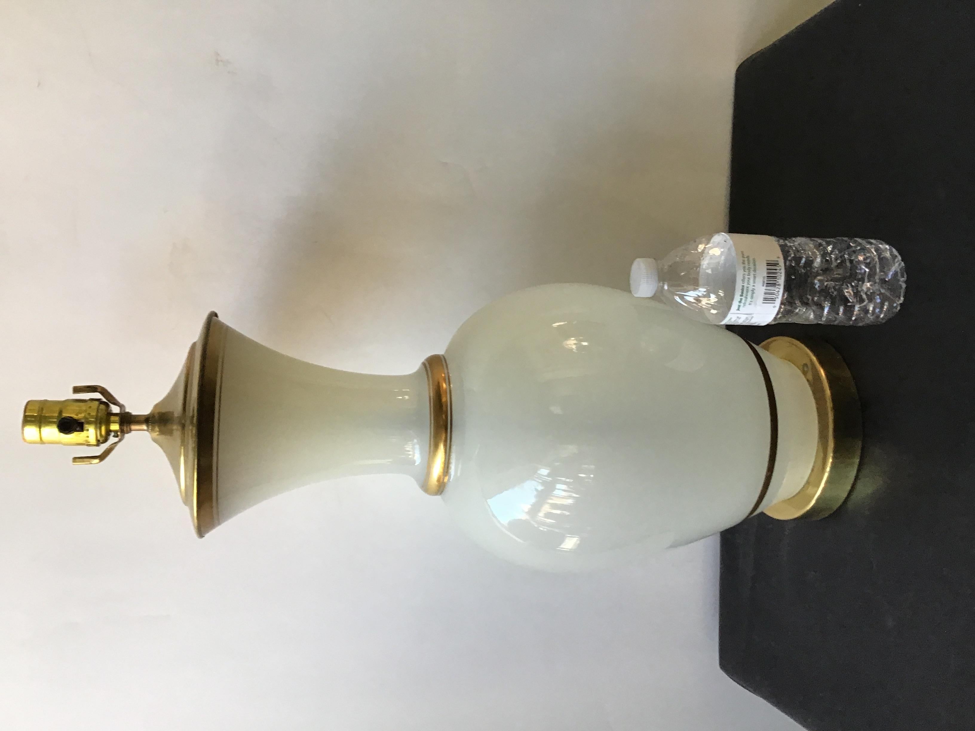 Pair of 1950s Large White Opaline Glass Lamps with Gold Trim In Good Condition In Tarrytown, NY