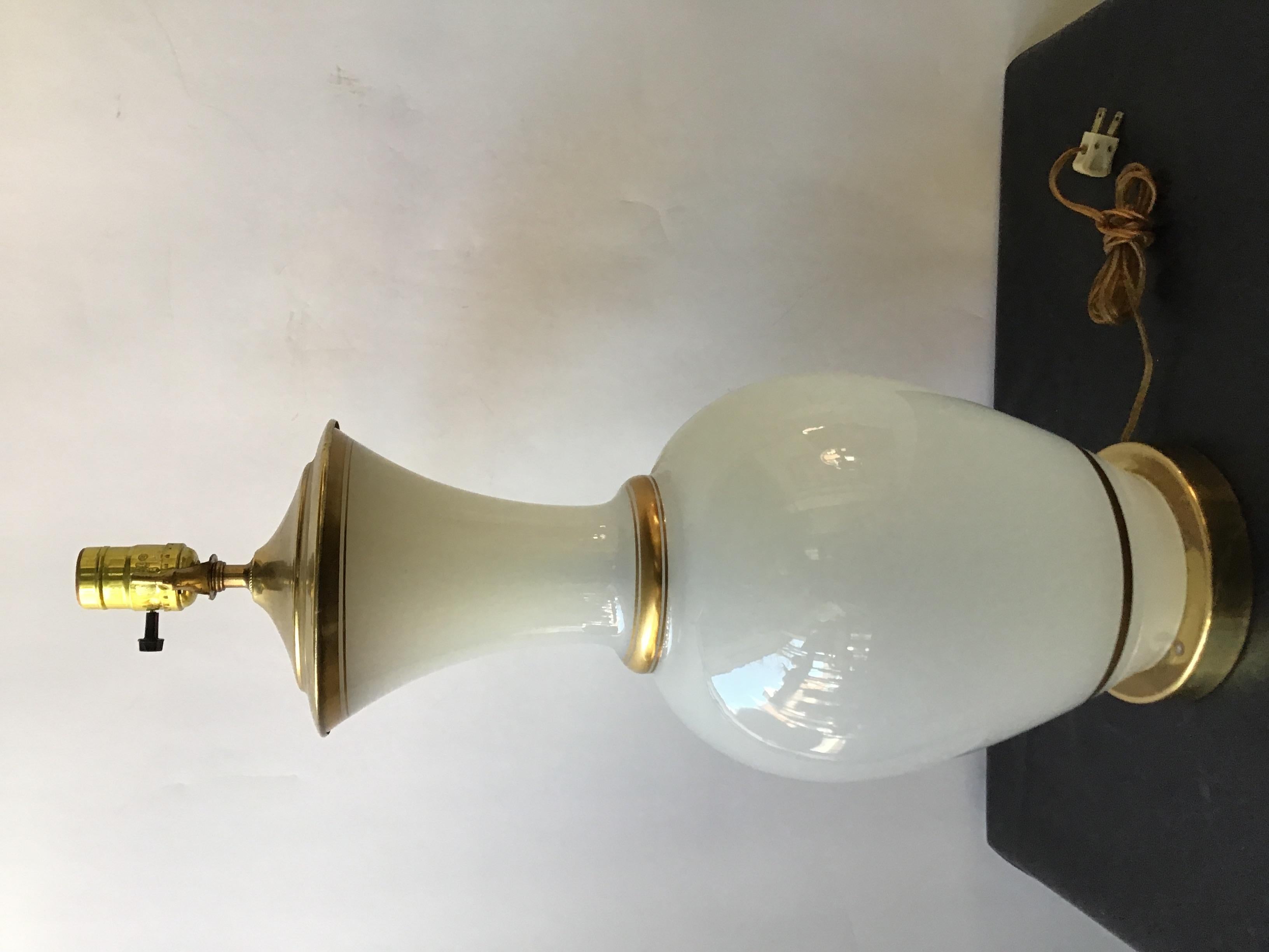 Mid-20th Century Pair of 1950s Large White Opaline Glass Lamps with Gold Trim