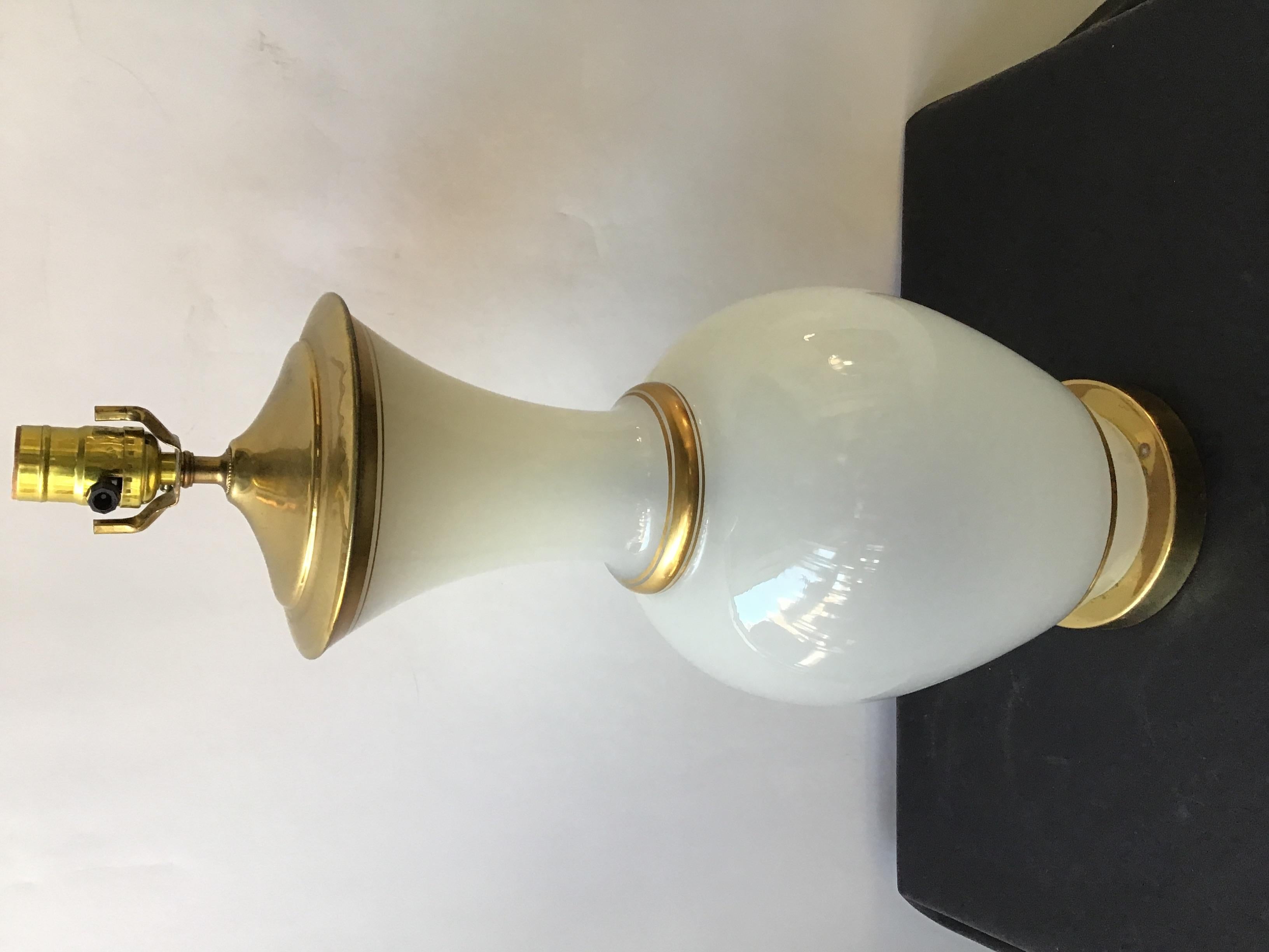 Pair of 1950s Large White Opaline Glass Lamps with Gold Trim 1