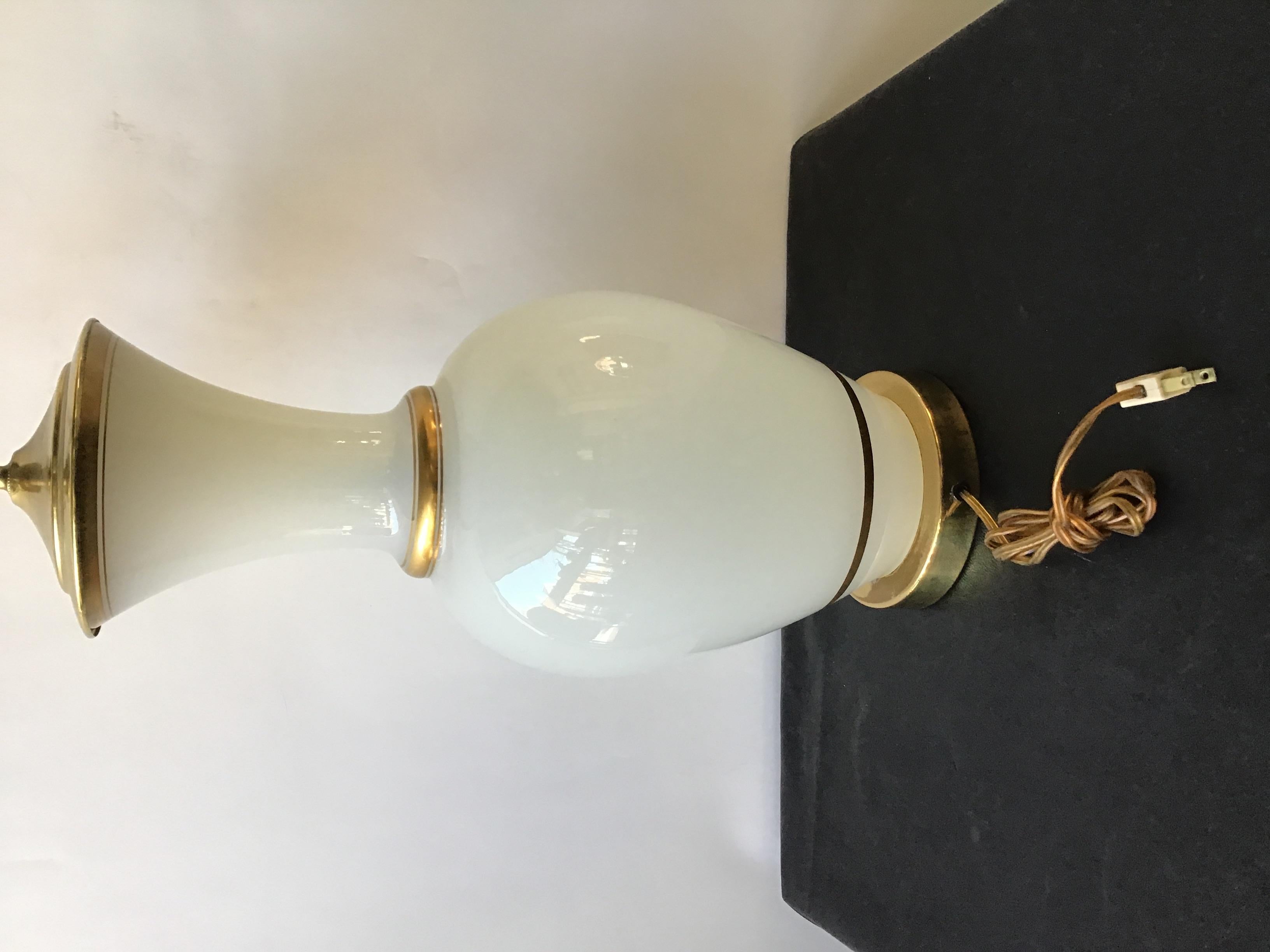 Pair of 1950s Large White Opaline Glass Lamps with Gold Trim 5