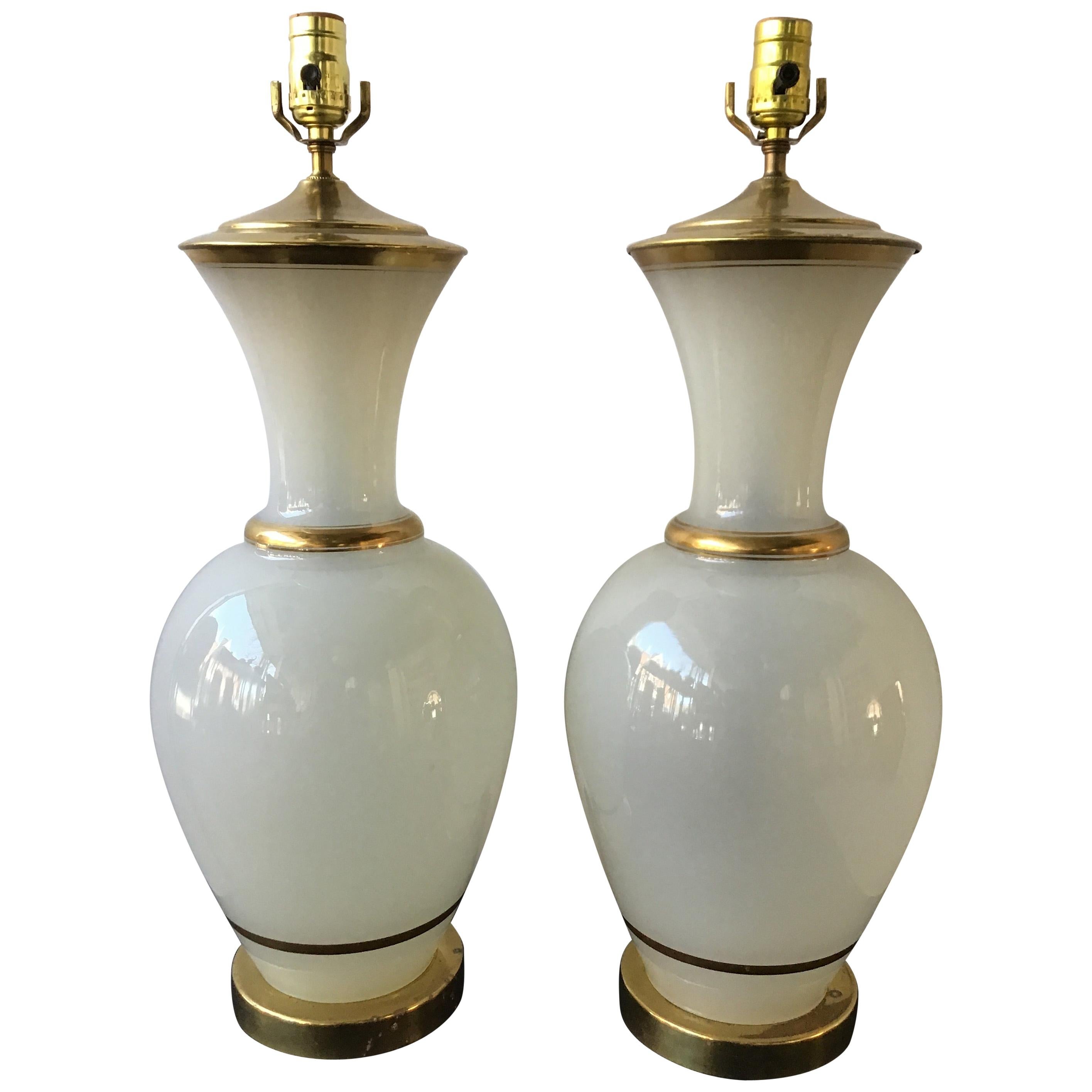 Pair of 1950s Large White Opaline Glass Lamps with Gold Trim