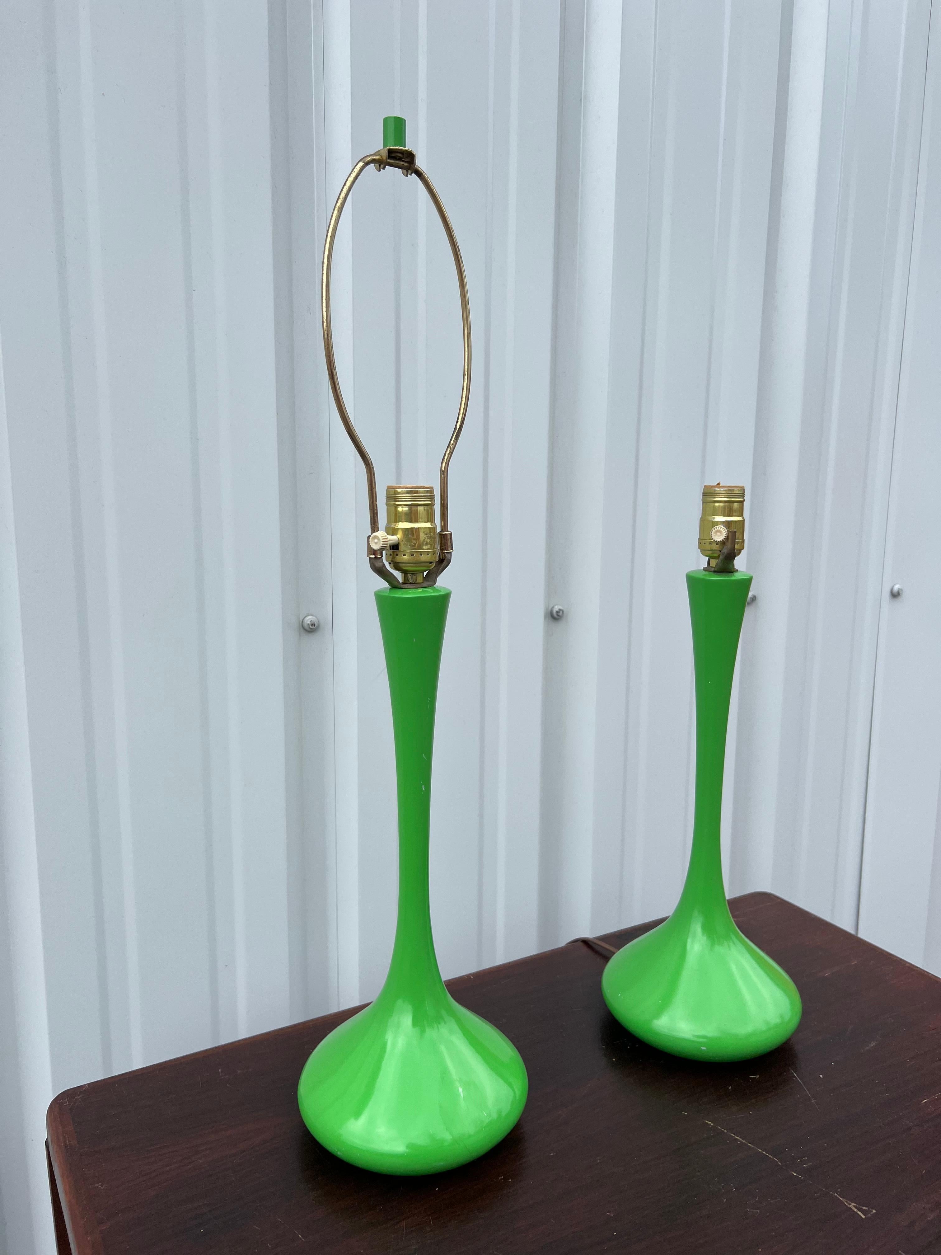 Ceramic Pair of 1950s Laurel Bright Green Tulip Table Lamps