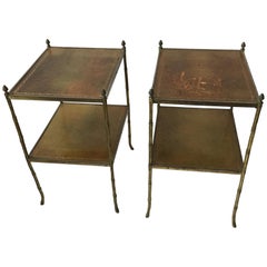 Pair of 1950s Leather and Brass Baguès Style 2-Tier Side Tables