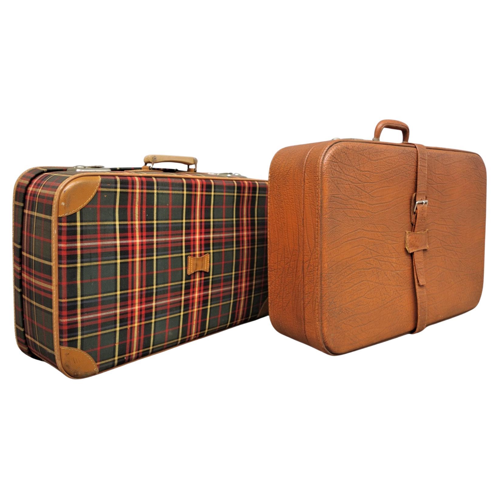 Pair of 1950s Leather and Fabric Suitcases – Timeless Vintage Travel Elegance in vendita