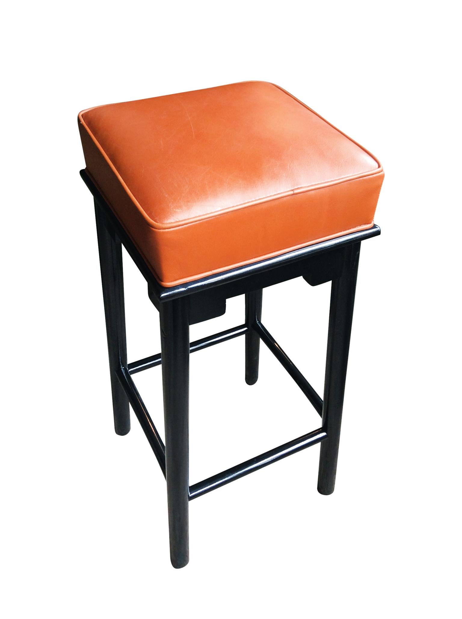 American Pair of 1950s Leather and Lacquered Bar Stools in the Style of James Mont For Sale