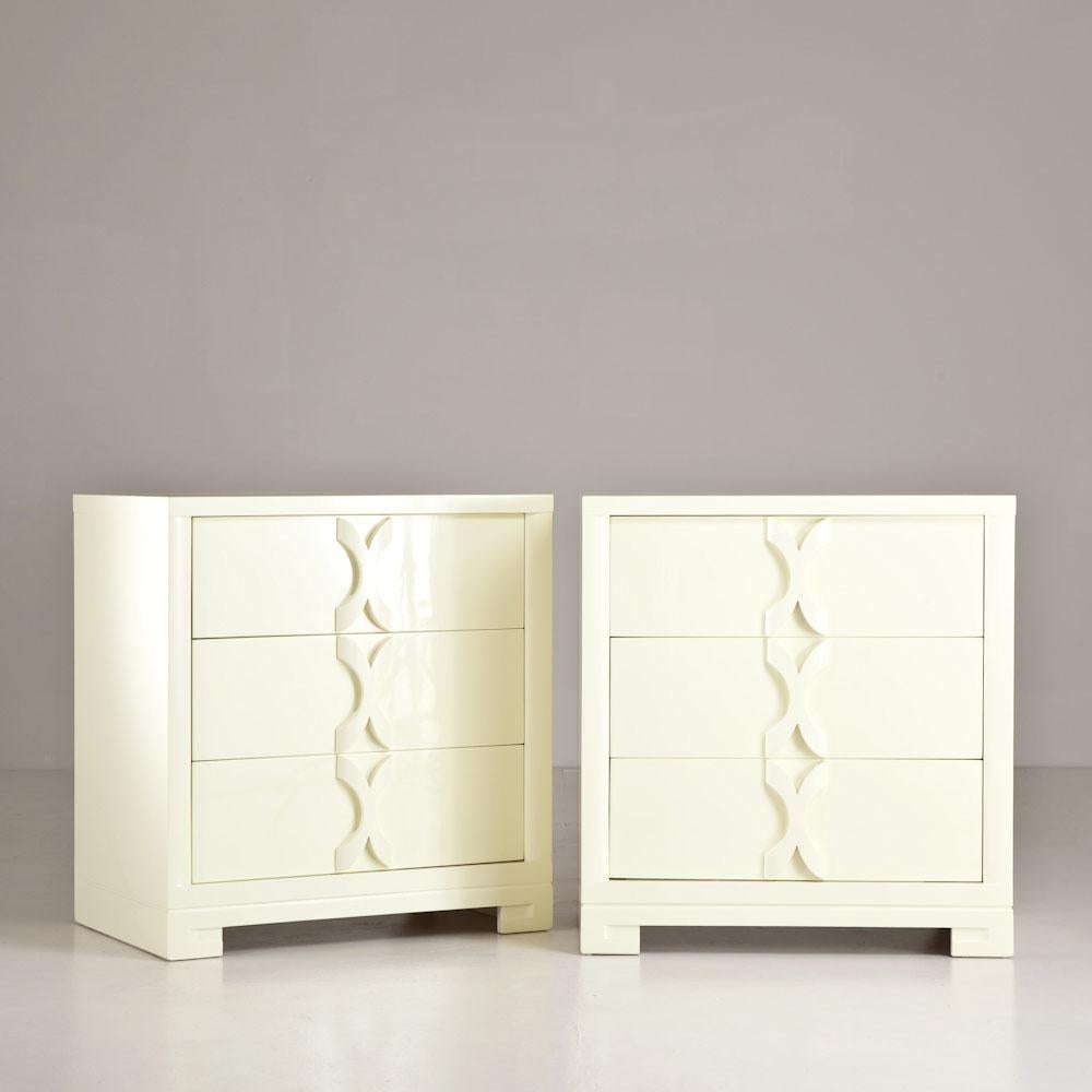Mid-20th Century Pair of 1950s Lemon Lacquered Three-Drawer Commodes
