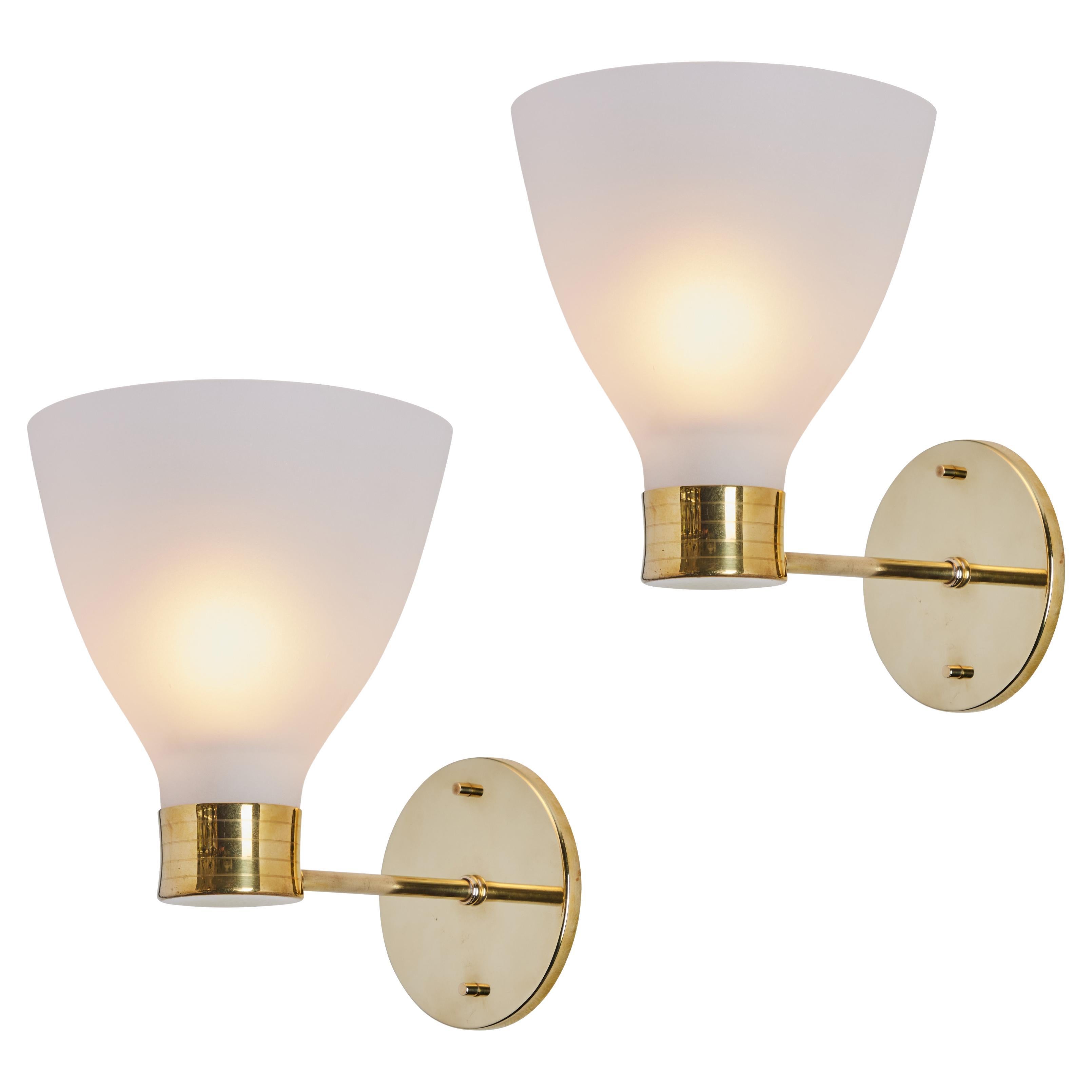 Pair of 1950s Lisa Johansson-Pape Opaline Glass & Brass Wall Lamps For Sale