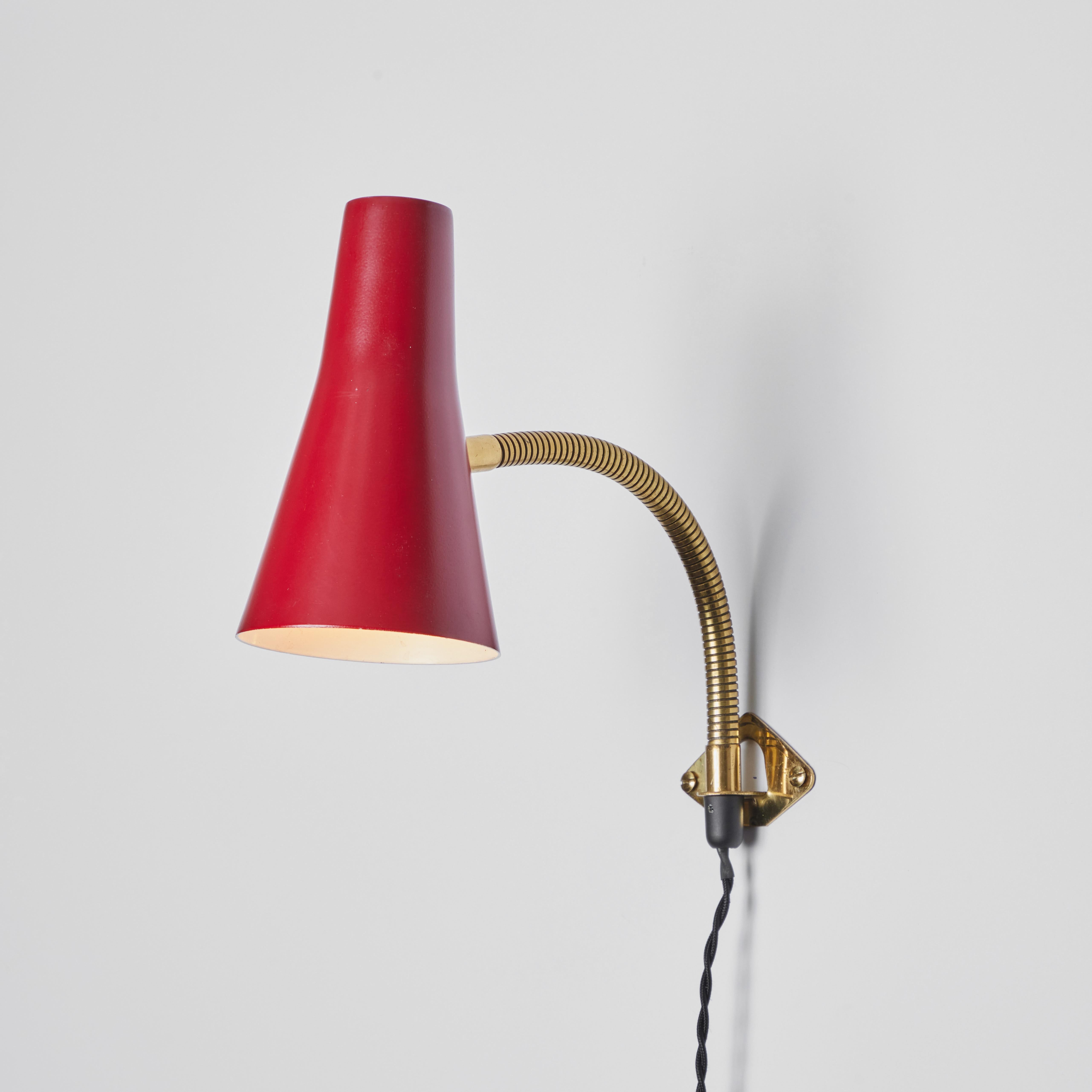 Finnish Pair of 1950s Lisa Johansson Pape Red Adjustable Wall Lights for Stockmann Orno For Sale