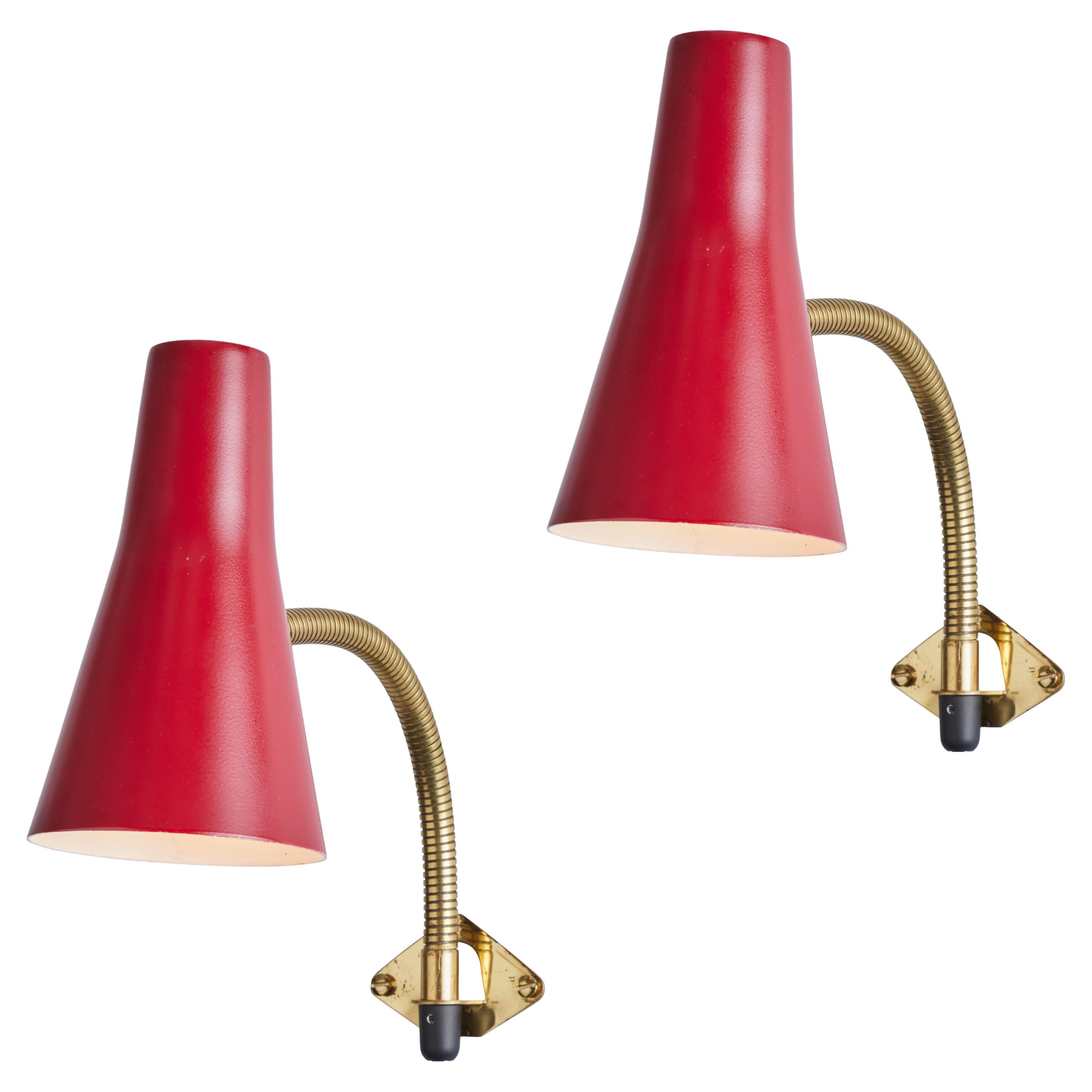 Pair of 1950s Lisa Johansson Pape Red Adjustable Wall Lights for Stockmann Orno