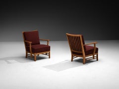 Pair of 1950s Lounge Chairs in Burgundy Red Fabric and Walnut Frames