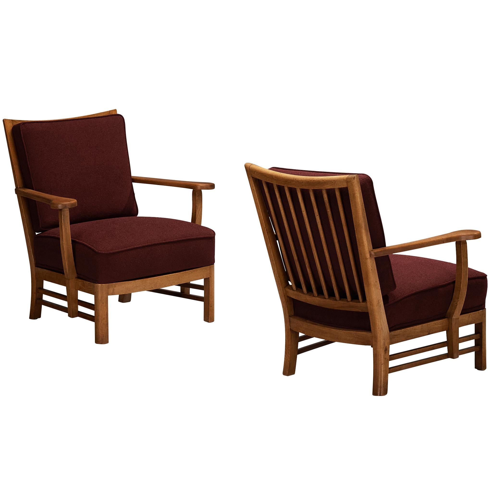 Pair of 1950s Lounge Chairs in Burgundy Red Fabric and Walnut Frames