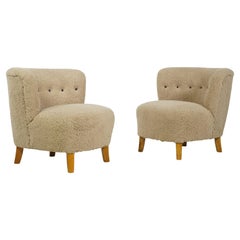 Pair of 1950s Lounge Chairs Teddy Fur Mid-Century Faux Sheepskin Pinewood Sweden