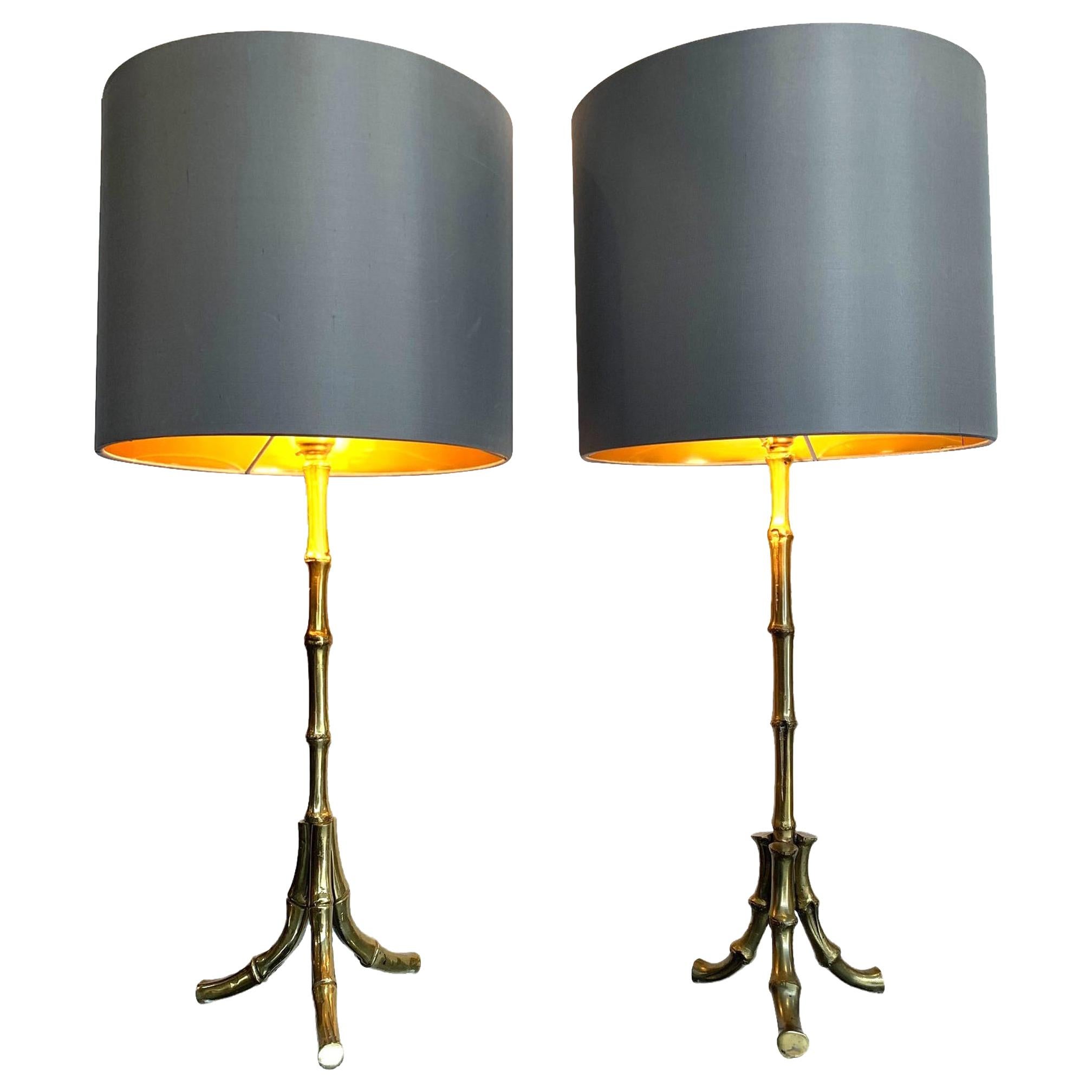 Pair of 1950s Maison Baguès Brass Faux Bamboo Lamps with New Bespoke Shades