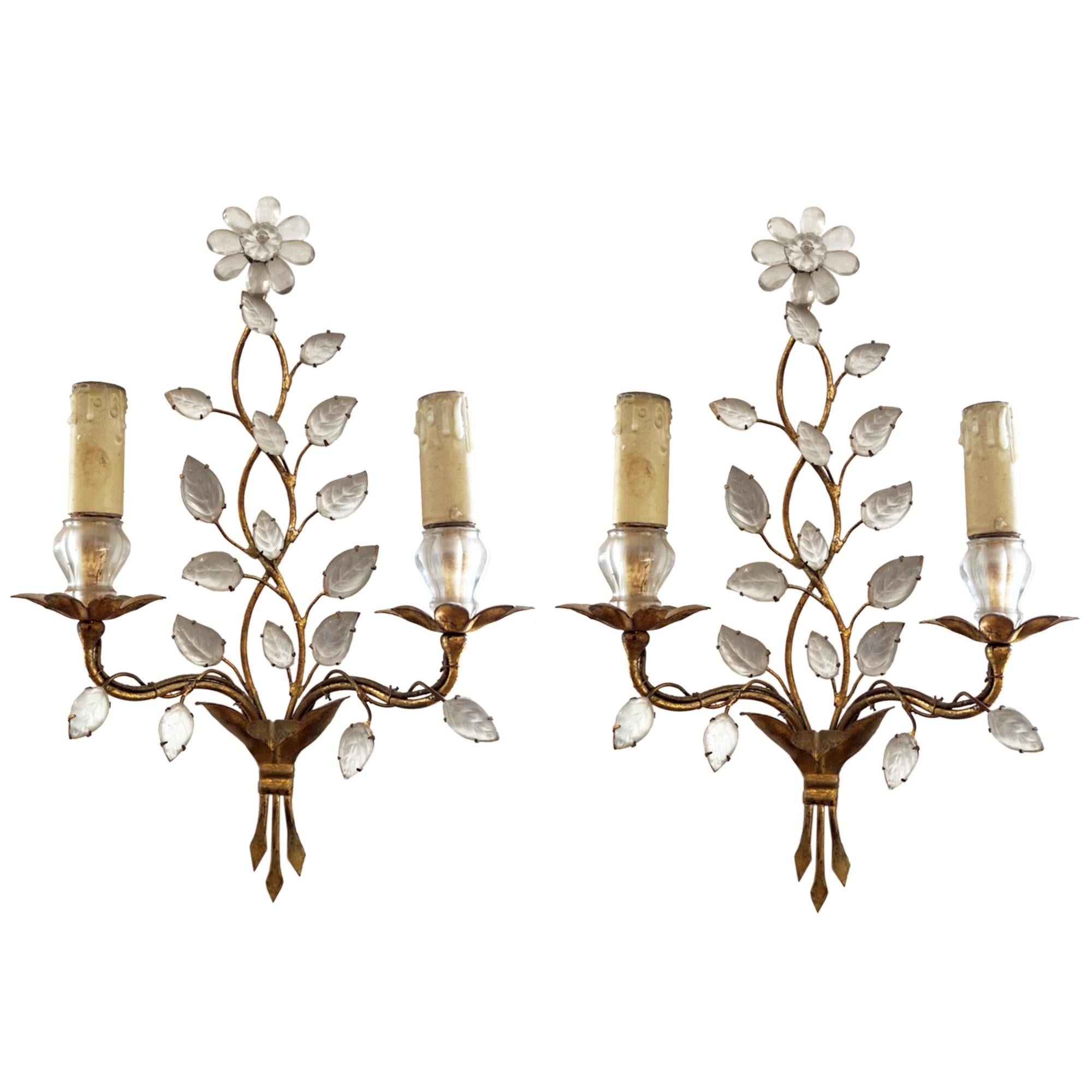 Pareja de apliques Maison Baguès de los años 50 con flores y hojas en Bueno estado para la venta en London, GB