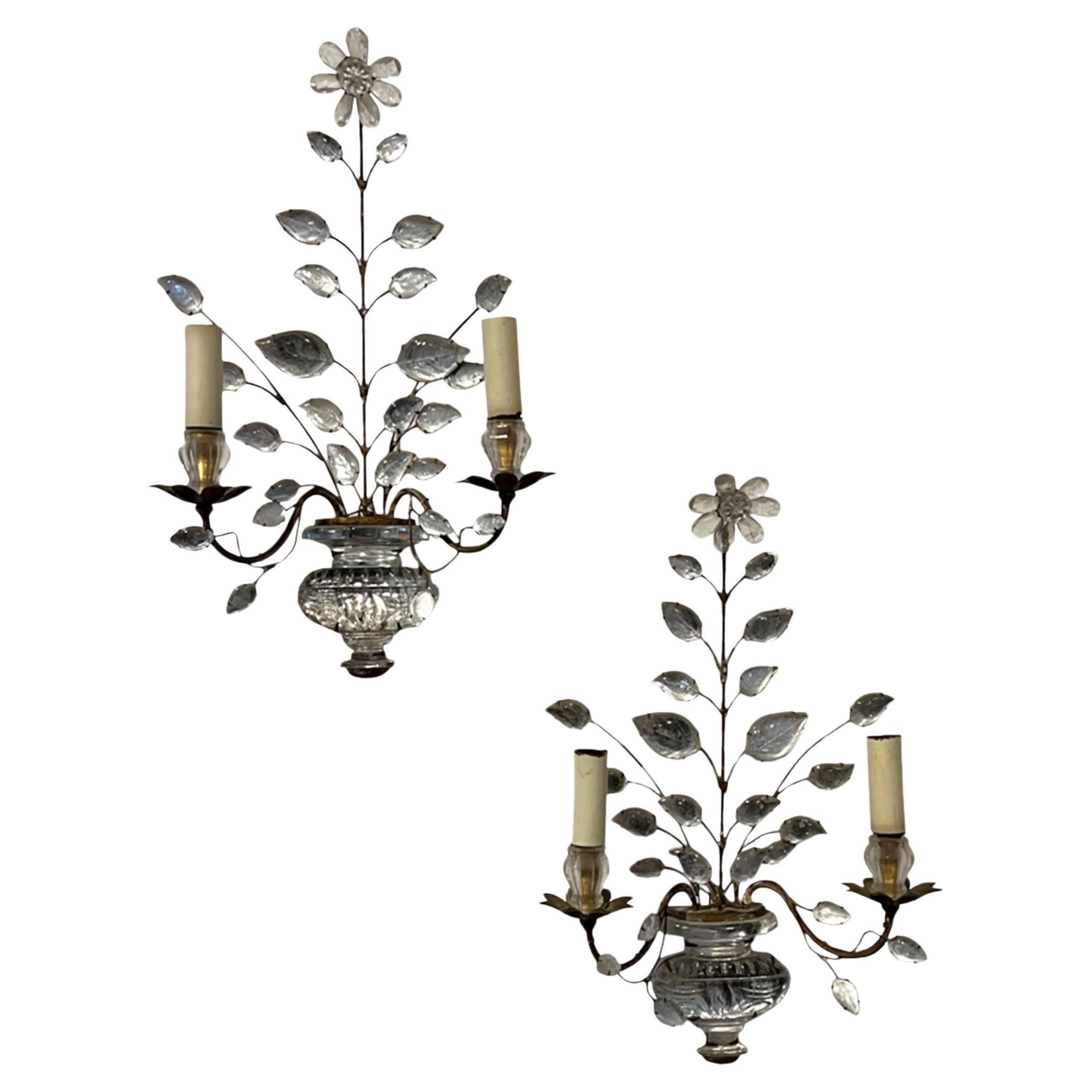 Pair of 1950s Maison Baguès Wall Sconces with Flowers and Urns