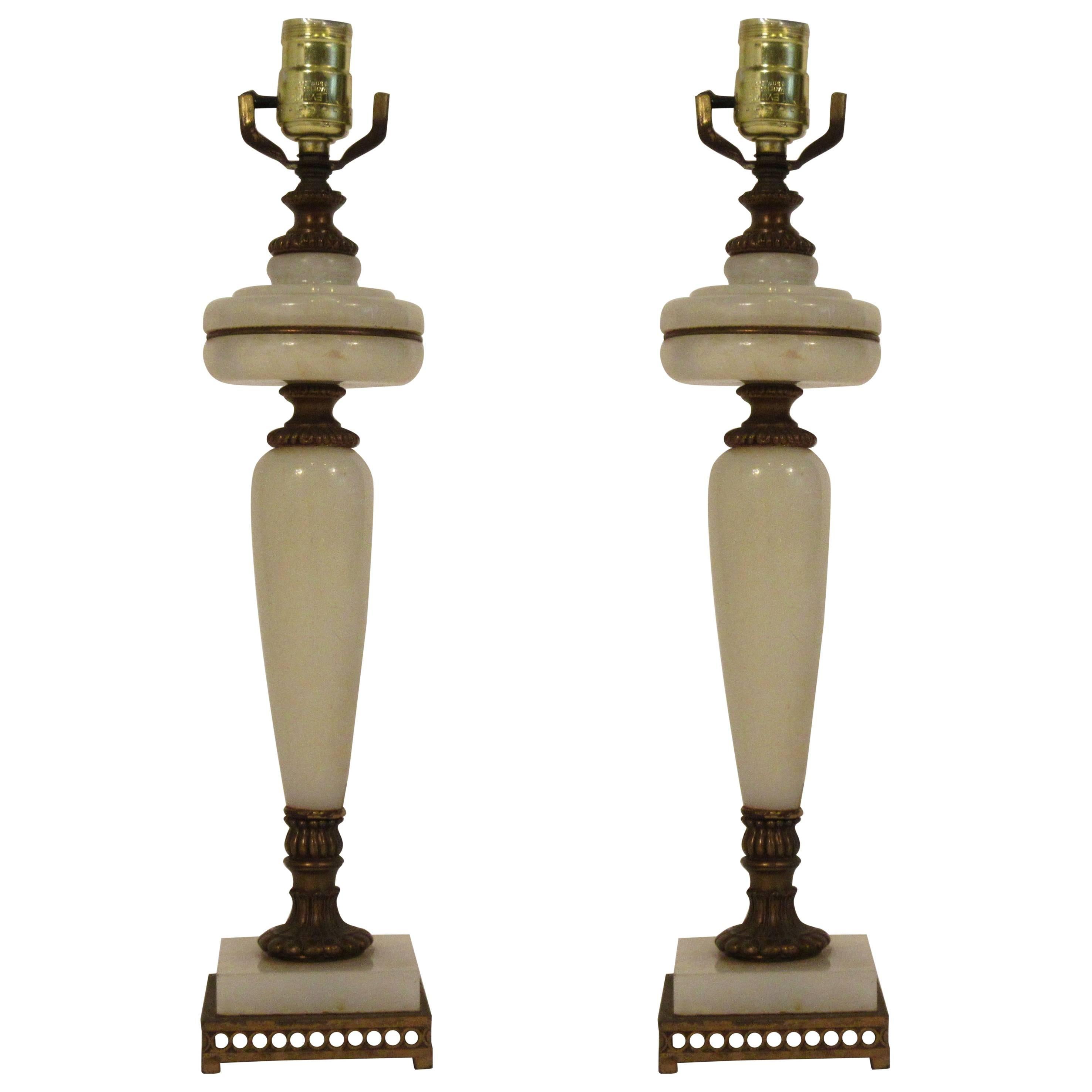 Pair of 1950s Marble and Brass Lamps