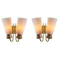 Pair of 1950s Mauri Almari Model #EY60 Brass & Glass Double Sconces for Itsu