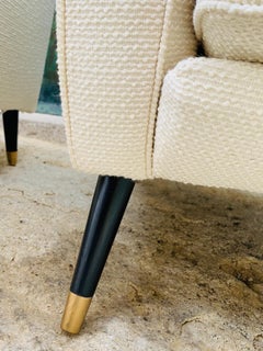 Pair of 1950s Mid Century French Cream Boucle Lounge Armchairs on Splayed Legs