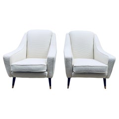 Pair of 1950s Mid Century French Cream Boucle Lounge Armchairs on Splayed Legs