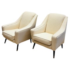 Pair of 1950s Mid Century French Cream Boucle Lounge Armchairs on Splayed Legs