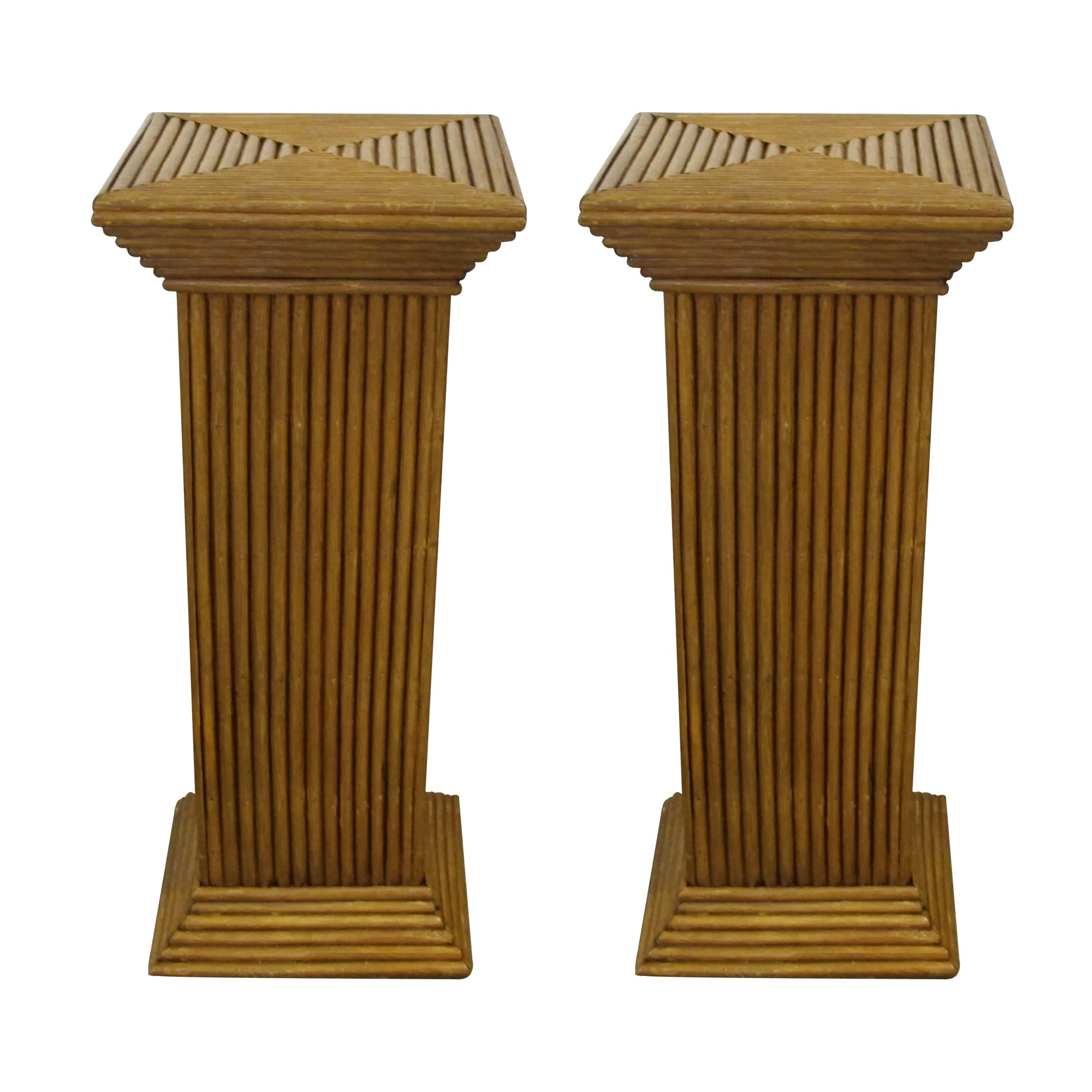 Pair of 1950s French mid century handcrafted pedestals, columns or plant stands. The pedestals are rectangular with a very well-crafted geometric design. They are very sturdy which makes them ideal to display pieces of art, sculptures or plants.