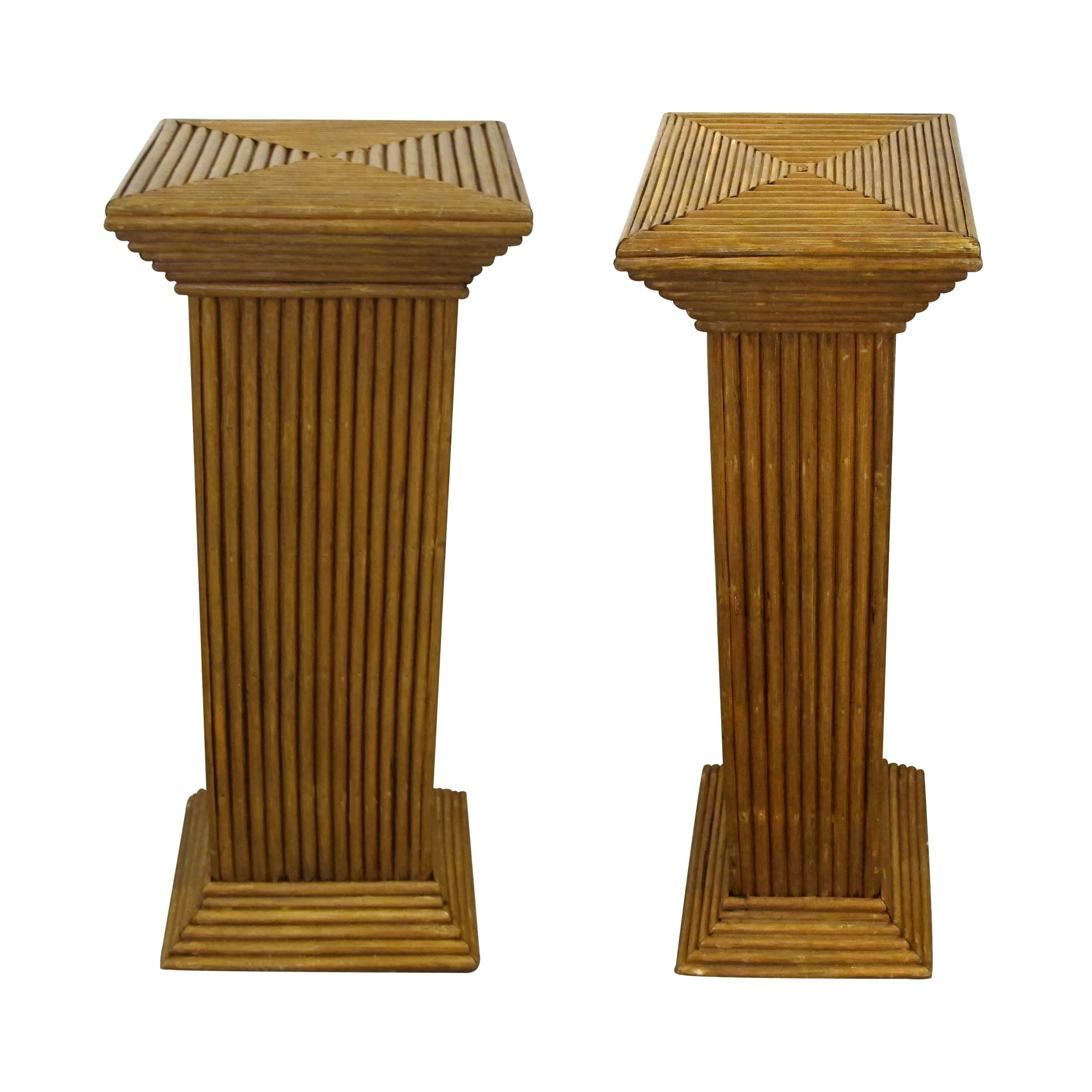 Mid-Century Modern Pair of 1950s Mid Century Handcrafted Geometric Rattan Pedestals Columns Stands