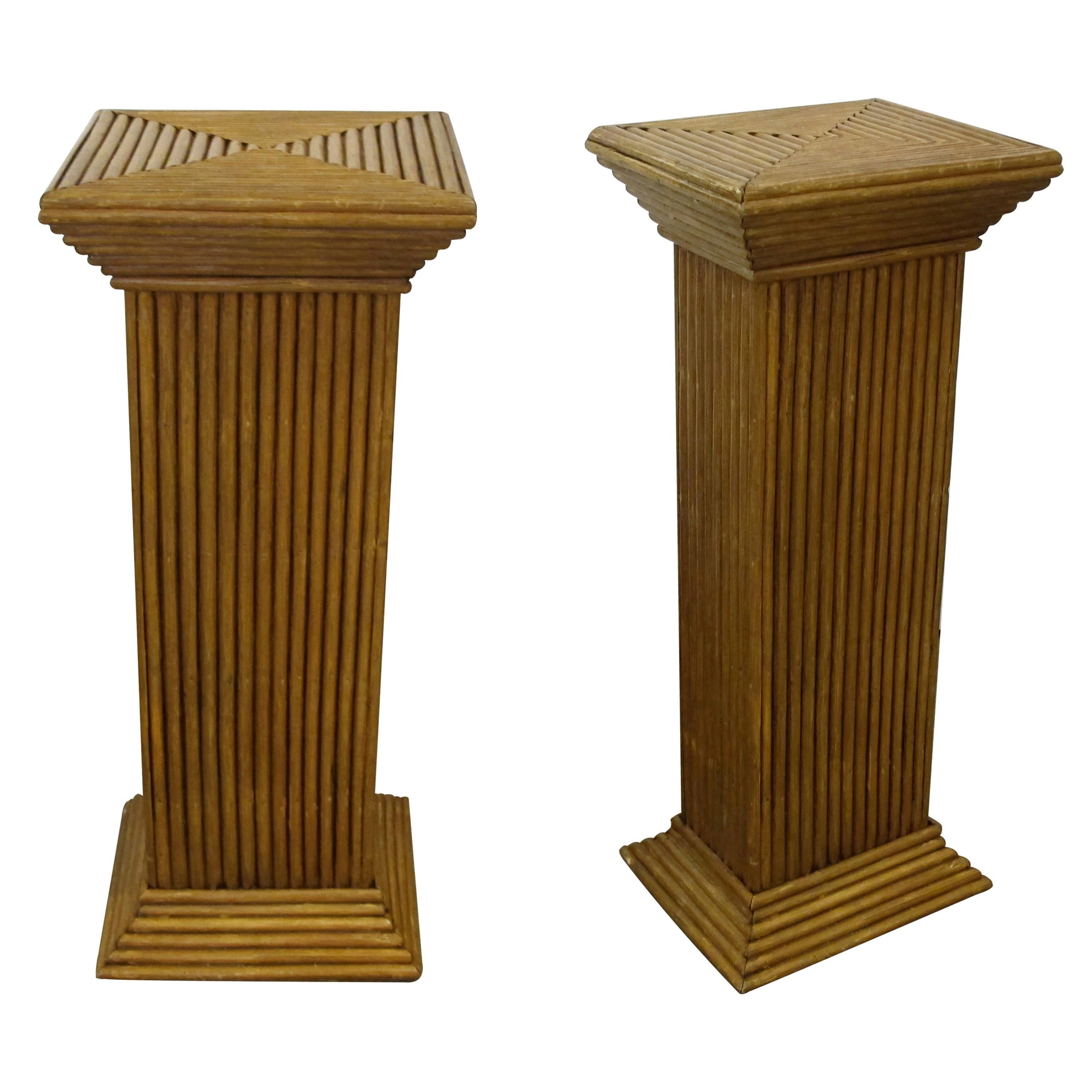 Pair of 1950s Mid Century Handcrafted Geometric Rattan Pedestals Columns Stands