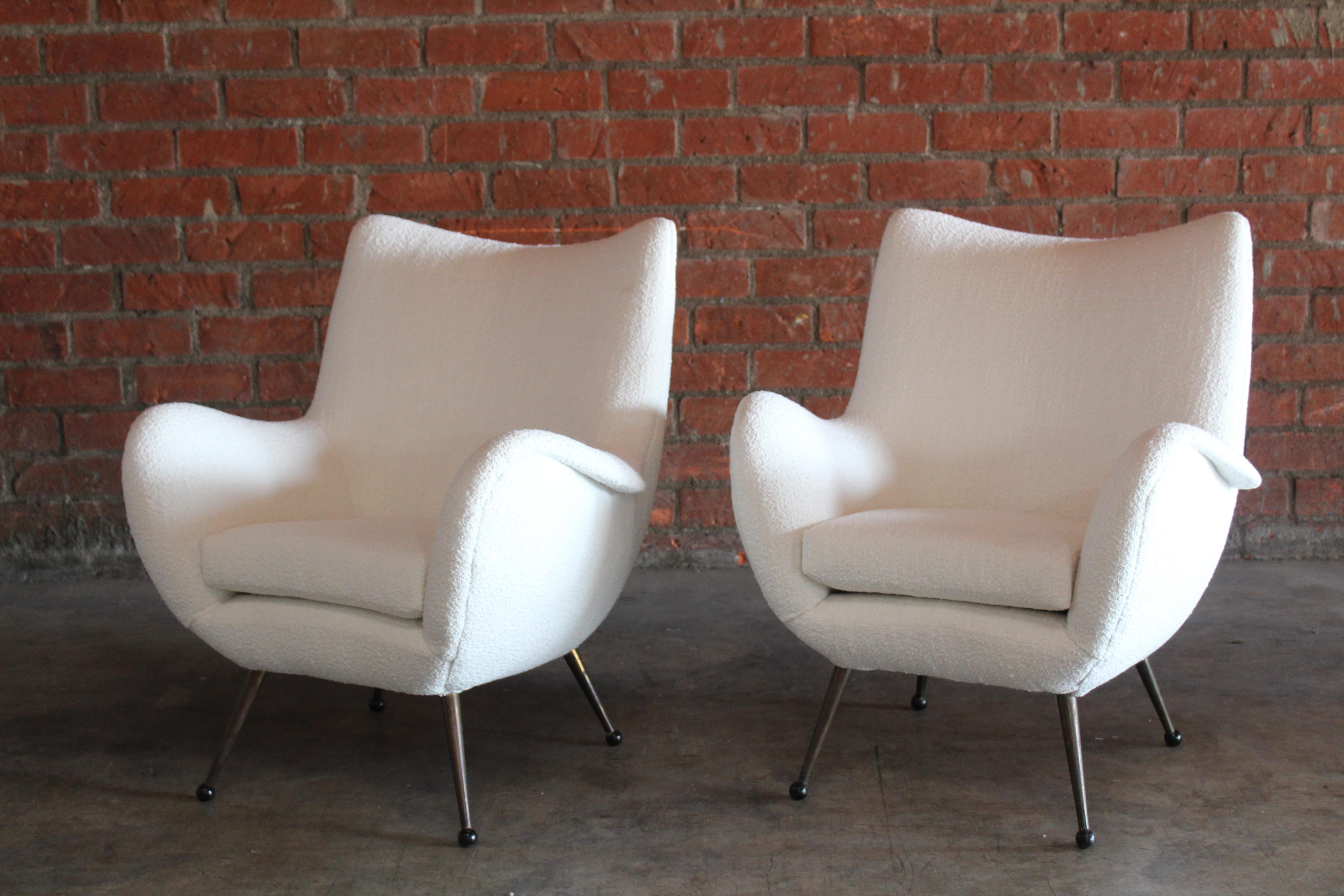 Brass Pair of 1950s Mid-Century Italian Lounge Chairs in Bouclé