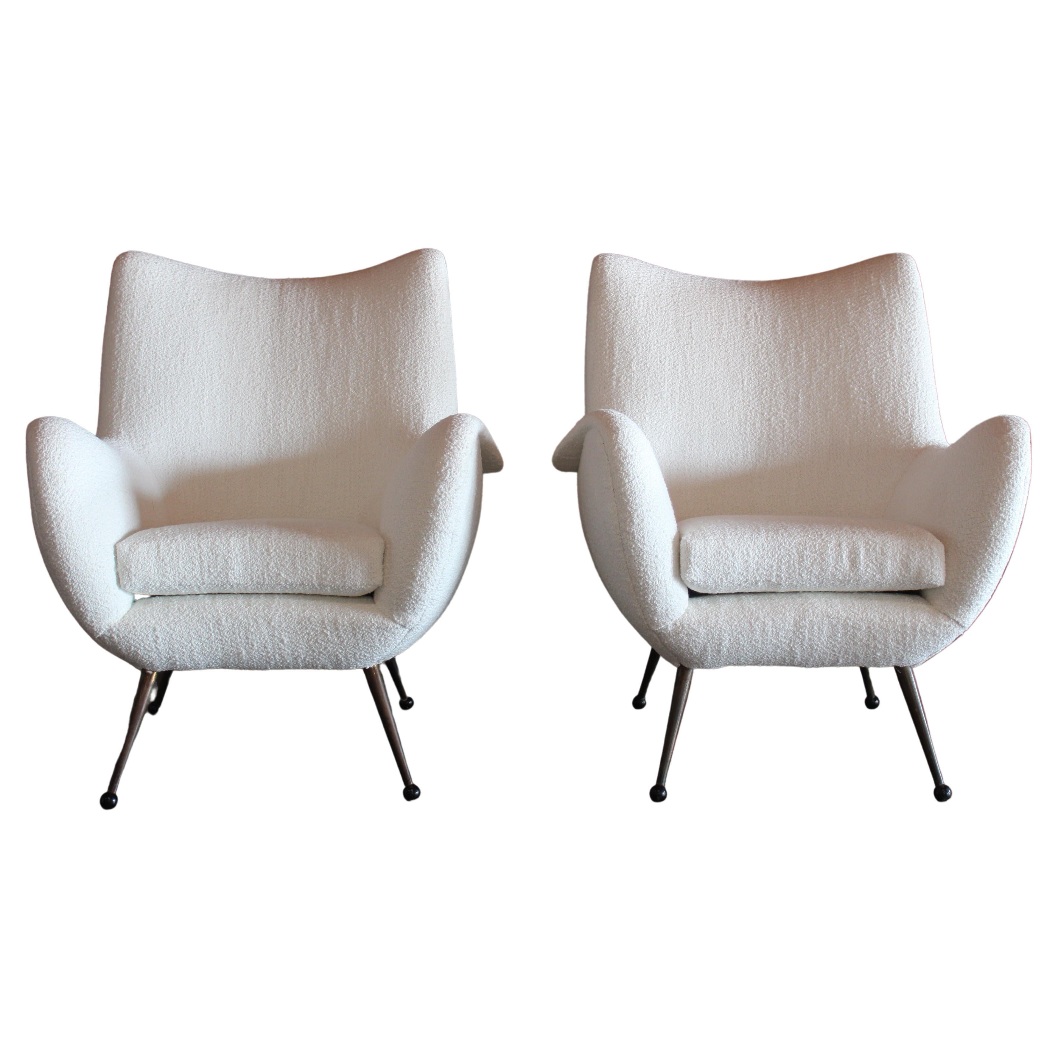 Pair of 1950s Mid-Century Italian Lounge Chairs in Boucl�é