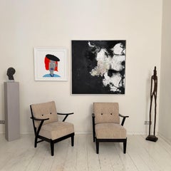 Pair of 1950s Mid-Century Lounge Chairs, Black Wood Frame, Original Upholstery