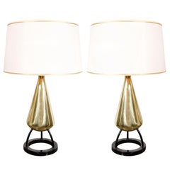 Pair of 1950s Mid-Century Modern Atomic Age Brass and Enamel Table Lamps