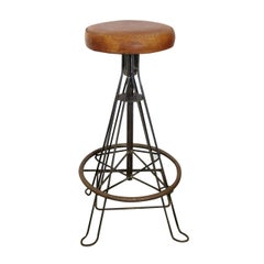 Pair of 1950s Midcentury Spanish Wrought Iron & Stitched Leather Bar Stools