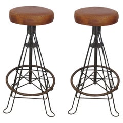 Pair of 1950s Midcentury Spanish Wrought Iron & Stitched Leather Bar Stools