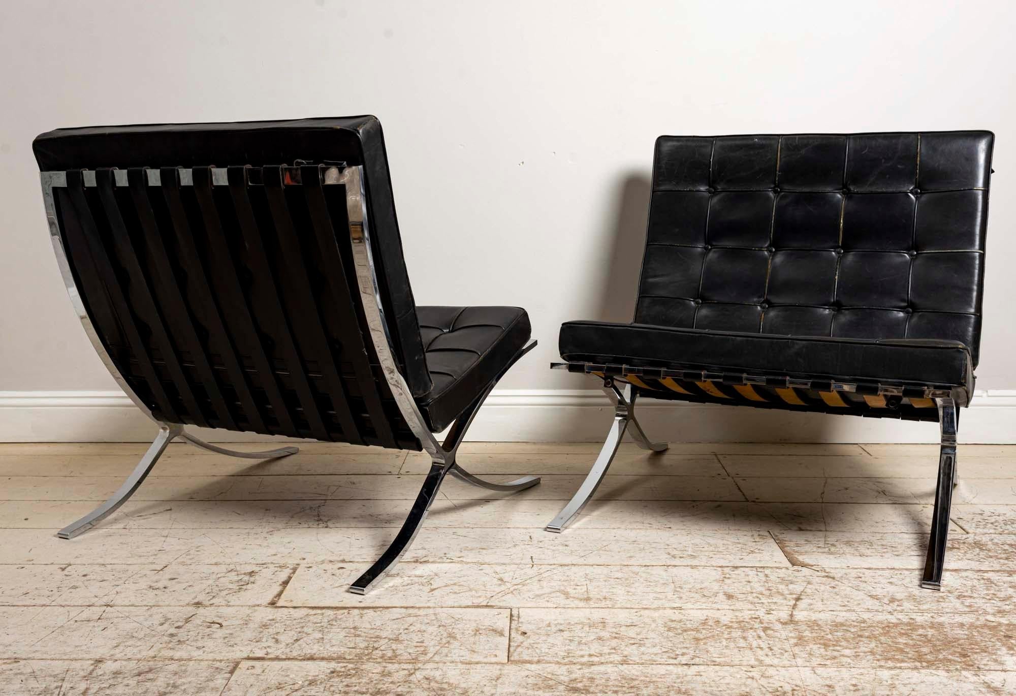 Metalwork Pair of 1950s Mies van der Rohe Chrome and Black Leather Barcelona Chairs