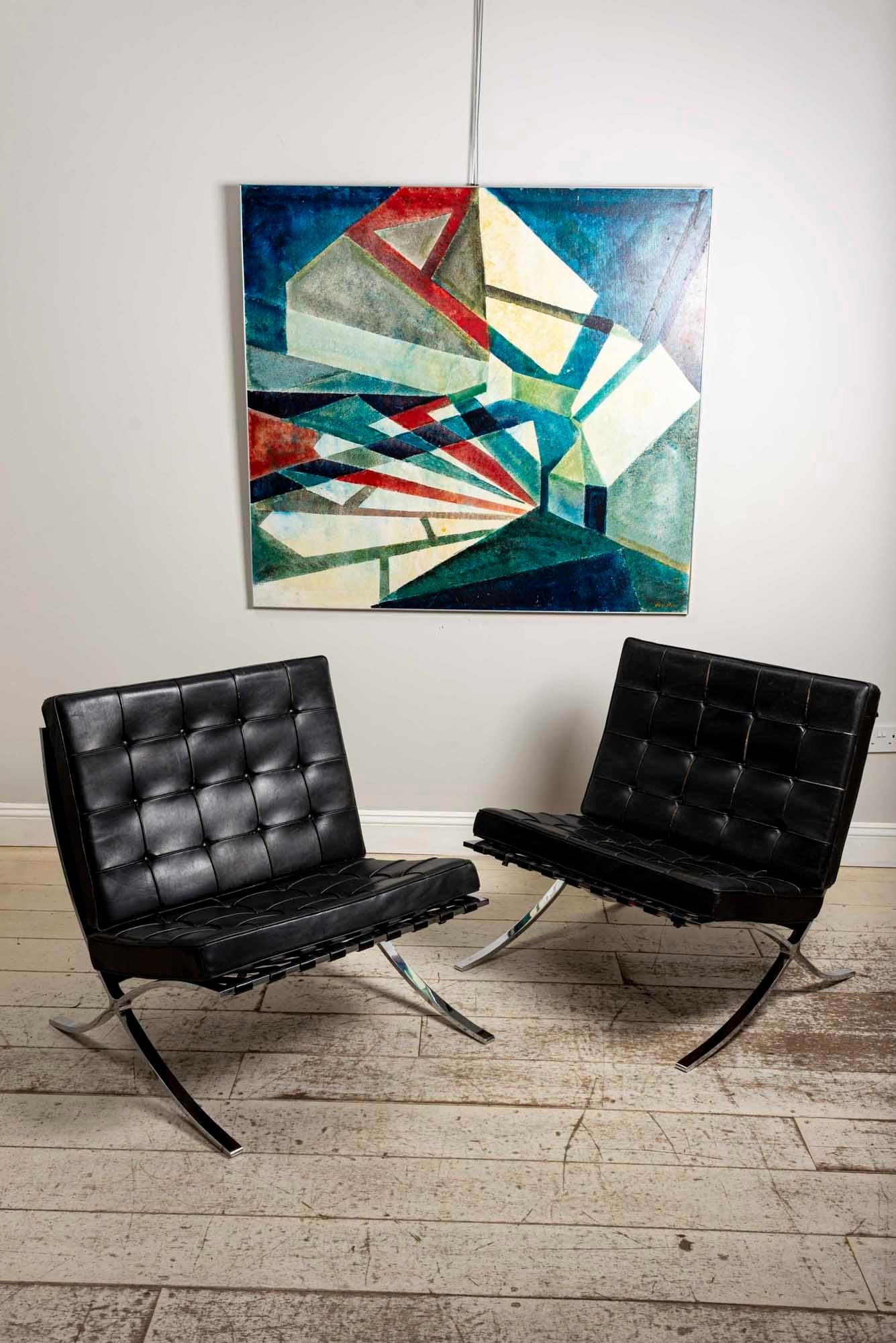 20th Century Pair of 1950s Mies van der Rohe Chrome and Black Leather Barcelona Chairs