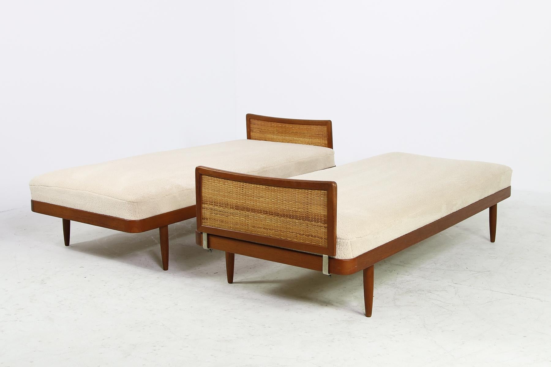 Pair of 1950s Minimalist Teak Daybeds, Midcentury, Teddy Bear Fur Sheepskin Cane 2