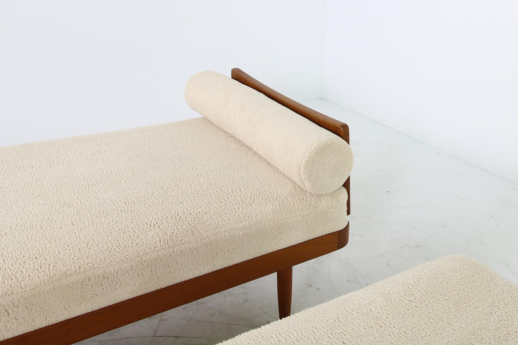 Pair of 1950s Minimalist Teak Daybeds, Midcentury, Teddy Bear Fur Sheepskin Cane 3