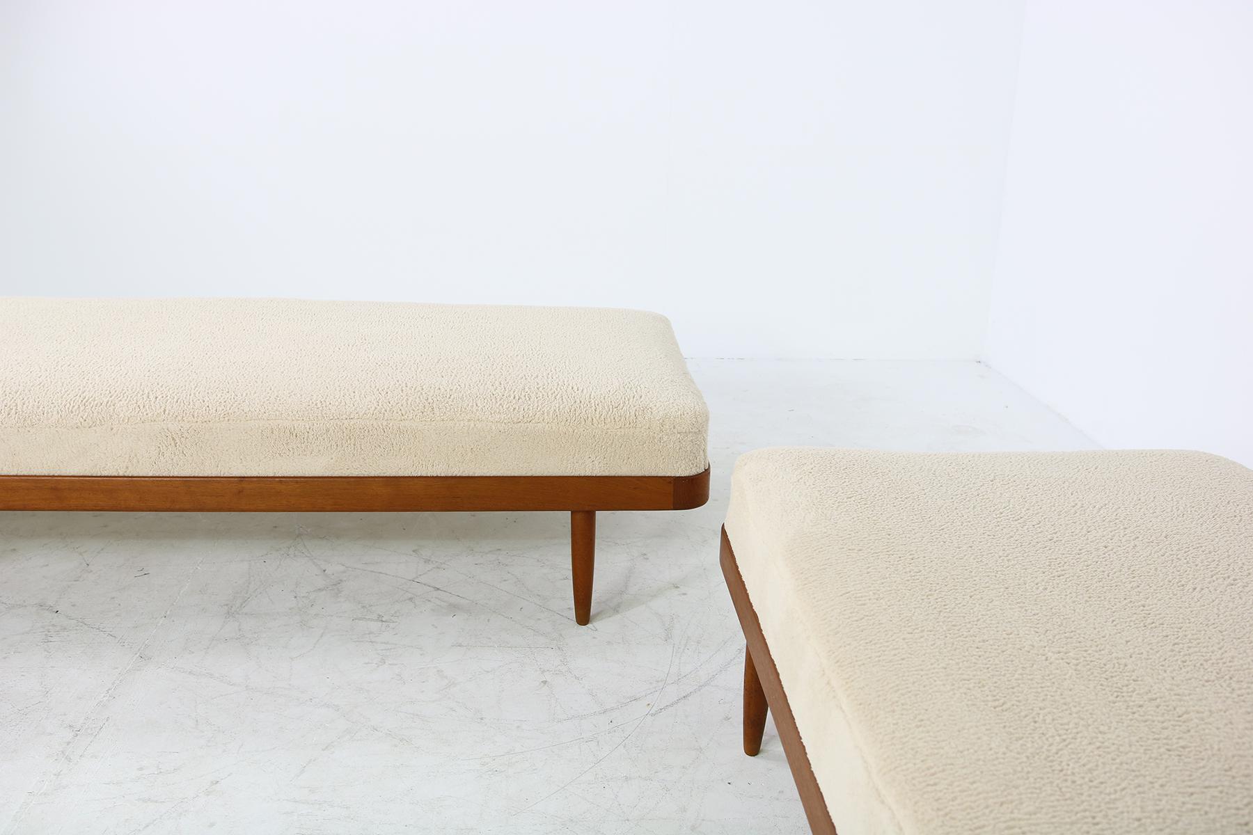 Pair of 1950s Minimalist Teak Daybeds, Midcentury, Teddy Bear Fur Sheepskin Cane 5