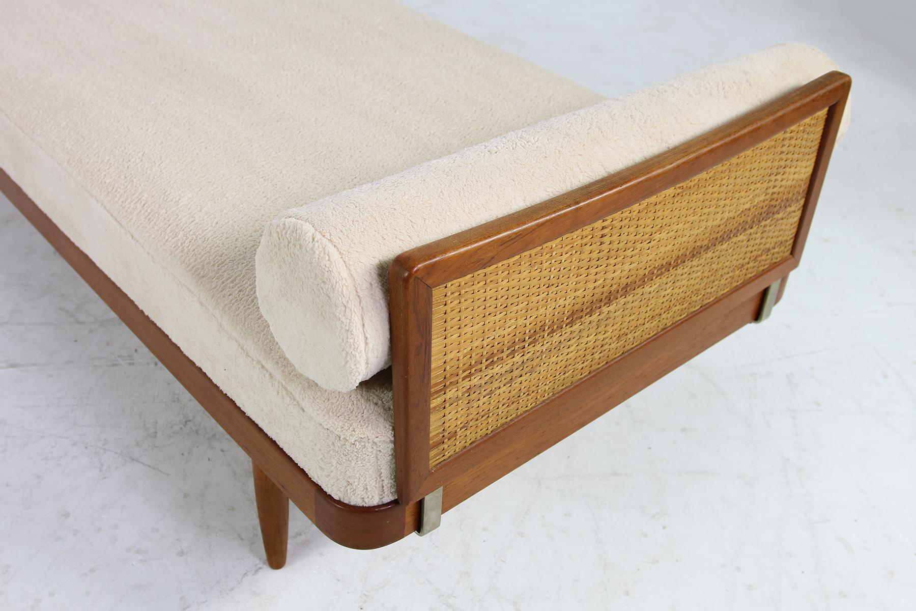 Pair of 1950s Minimalist Teak Daybeds, Midcentury, Teddy Bear Fur Sheepskin Cane 6