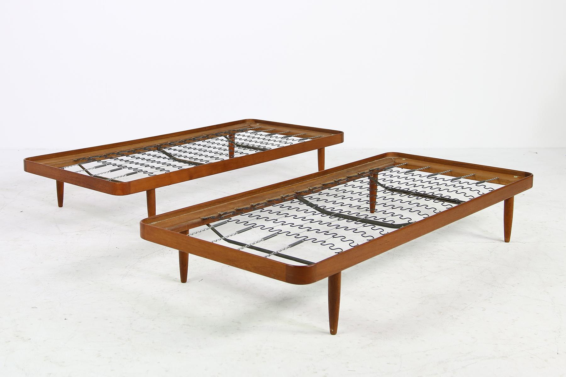 Pair of 1950s Minimalist Teak Daybeds, Midcentury, Teddy Bear Fur Sheepskin Cane 7