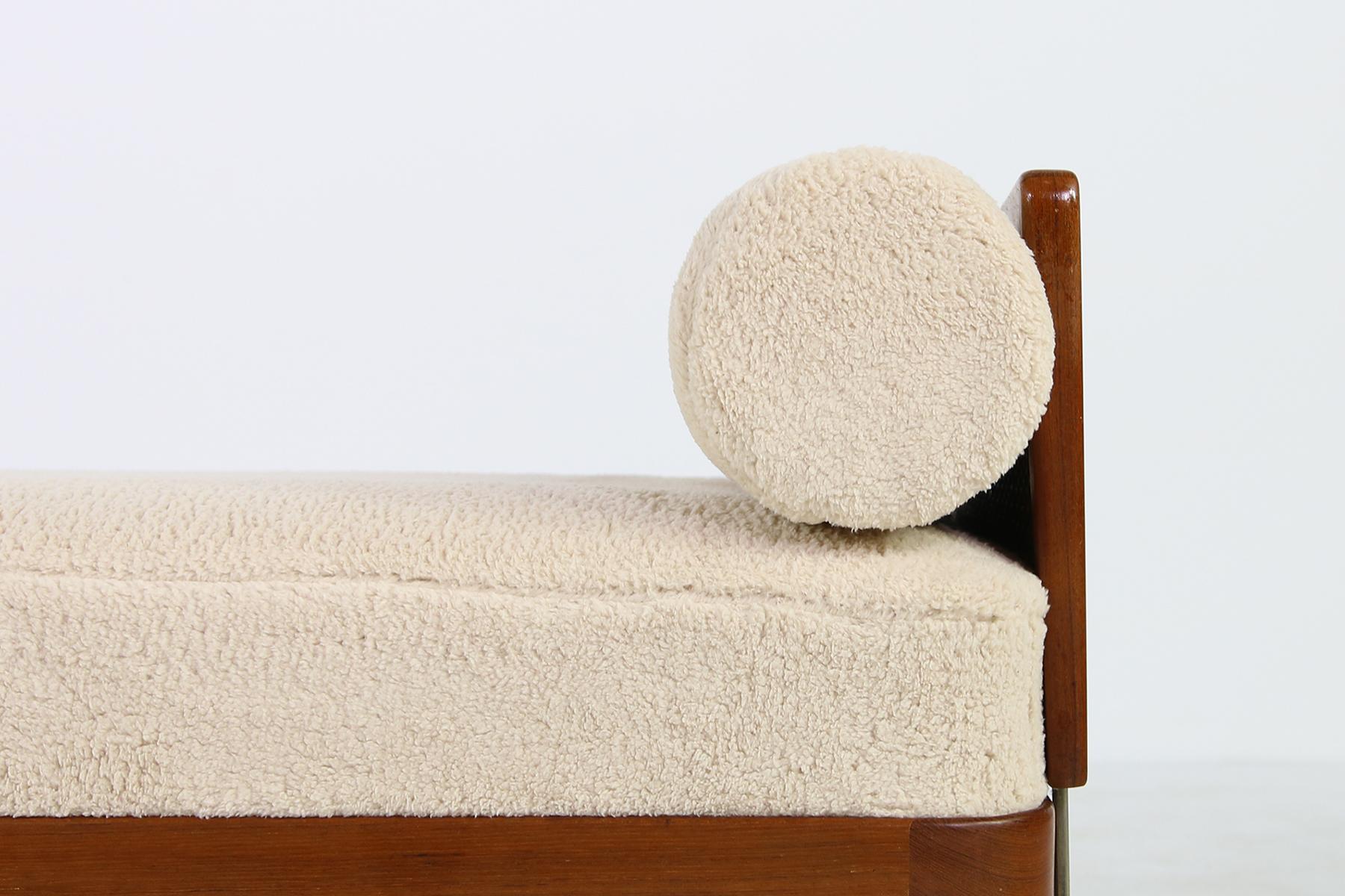Pair of 1950s Minimalist Teak Daybeds, Midcentury, Teddy Bear Fur Sheepskin Cane 9