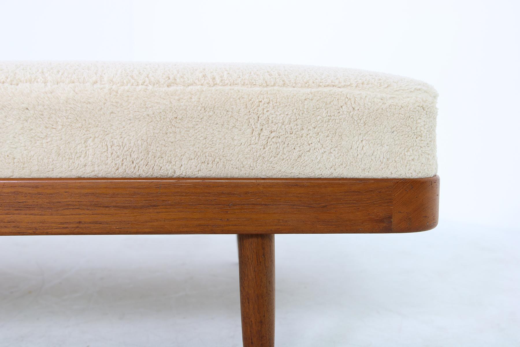 Pair of 1950s Minimalist Teak Daybeds, Midcentury, Teddy Bear Fur Sheepskin Cane 10