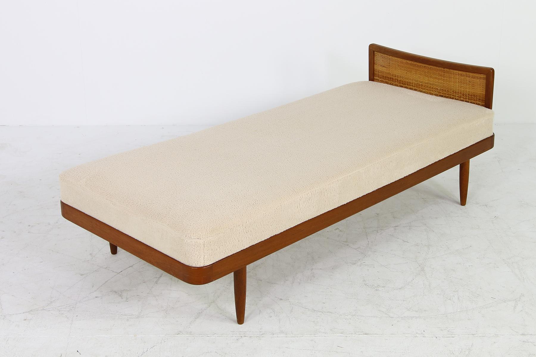 Mid-Century Modern Pair of 1950s Minimalist Teak Daybeds, Midcentury, Teddy Bear Fur Sheepskin Cane