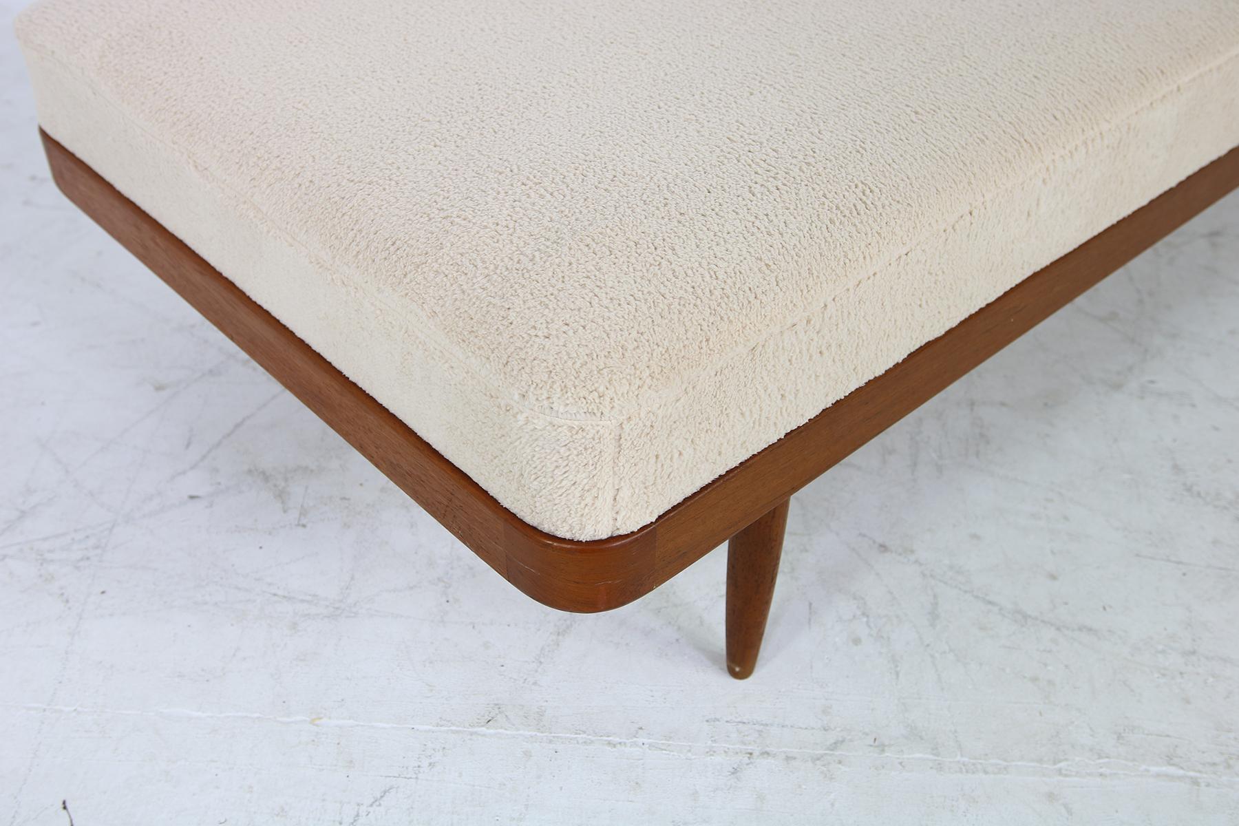 Danish Pair of 1950s Minimalist Teak Daybeds, Midcentury, Teddy Bear Fur Sheepskin Cane