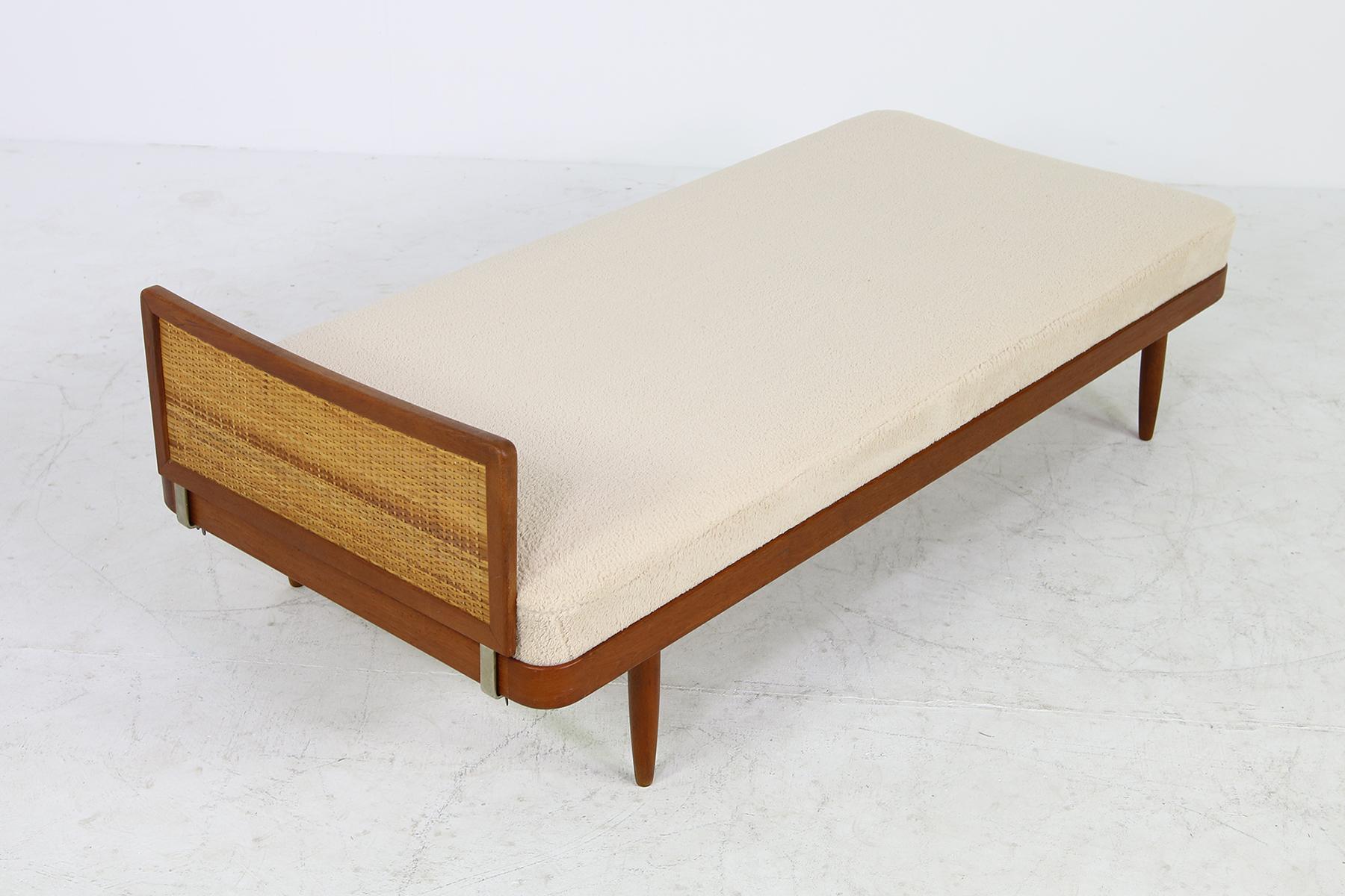 Fabric Pair of 1950s Minimalist Teak Daybeds, Midcentury, Teddy Bear Fur Sheepskin Cane
