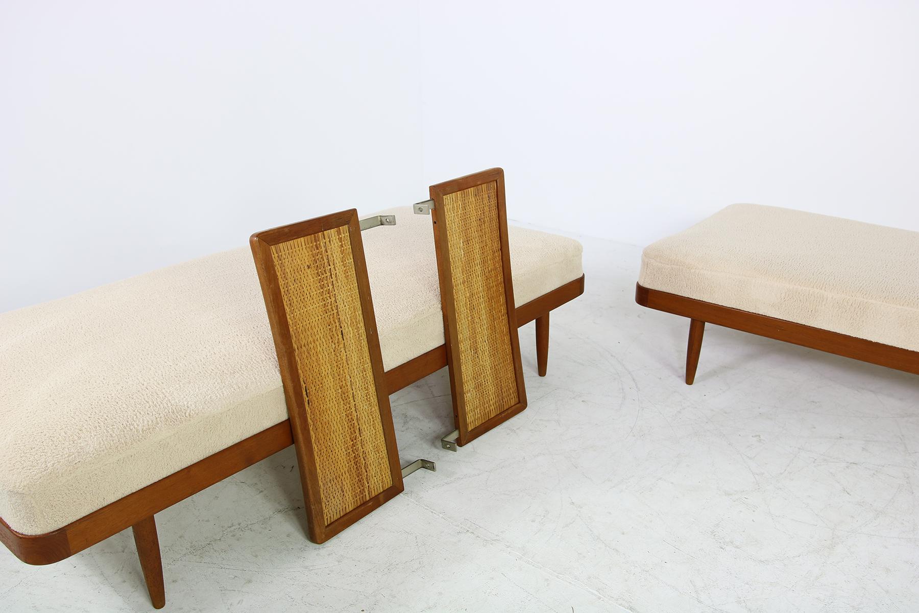 Pair of 1950s Minimalist Teak Daybeds, Midcentury, Teddy Bear Fur Sheepskin Cane 1
