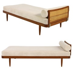 Vintage Pair of 1950s Minimalist Teak Daybeds, Midcentury, Teddy Bear Fur Sheepskin Cane
