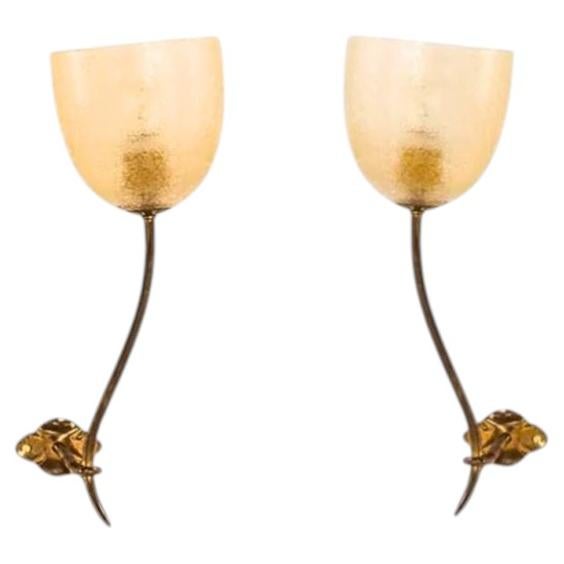 Pair of 1950s Murano Wall Sconces with Sculptural Rose Stem Motif