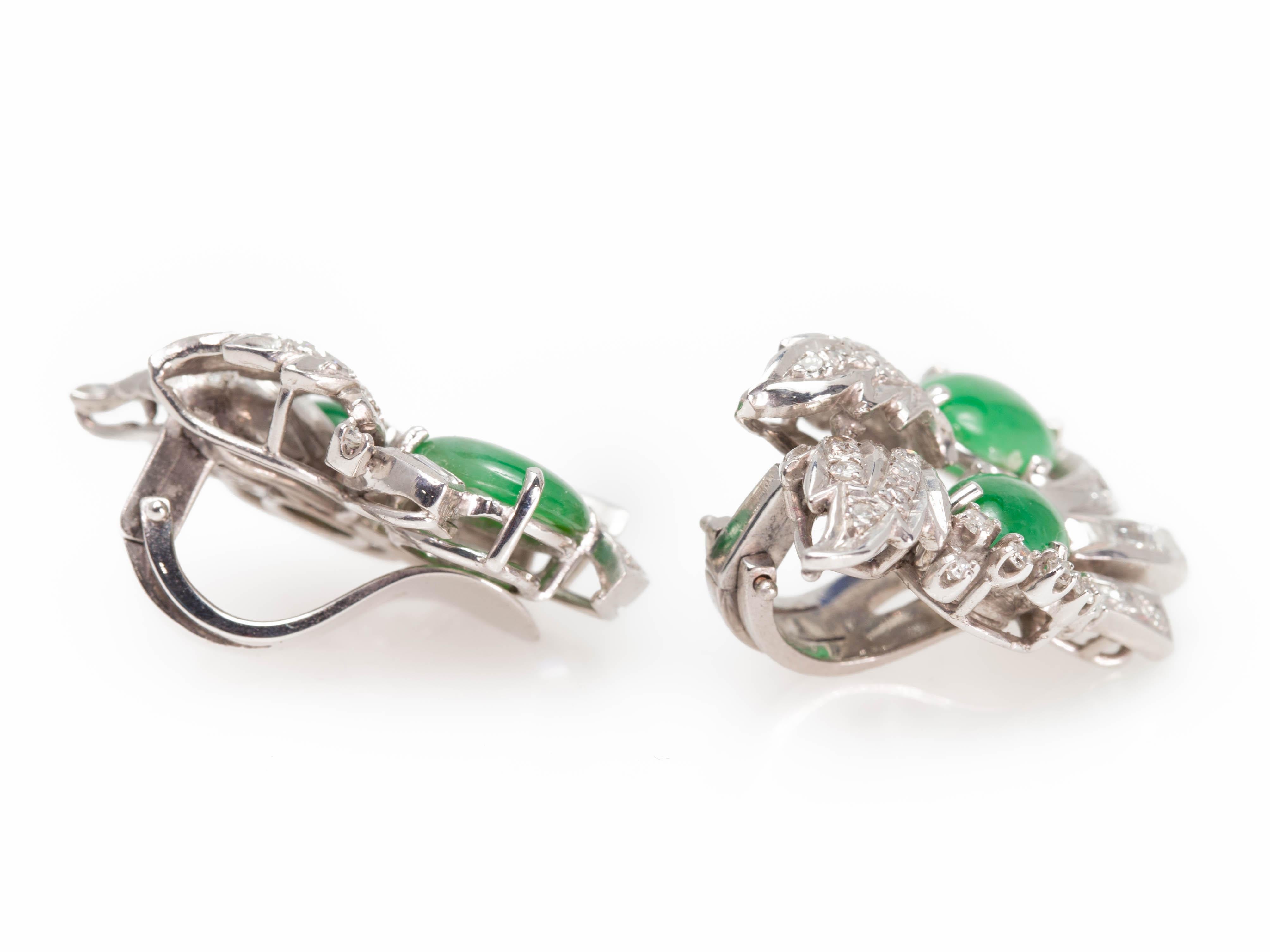 Retro Pair of 1950s Natural Apple Green Jadeite Jade and Diamond Clip-On Earrings