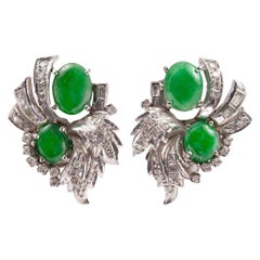 Pair of 1950s Natural Apple Green Jadeite Jade and Diamond Clip-On Earrings